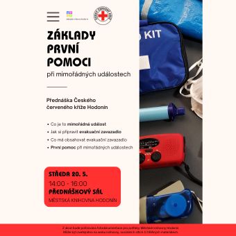 Přednáška Českého červeného kříže v Hodoníně vysvětluje, co jsou mimořádné události a jak se na ně připravit. Zaměřuje se na správné sestavení evakuačního zavazadla a jeho obsah. Součástí je také přehled základů první pomoci a správného chování v krizových situacích.